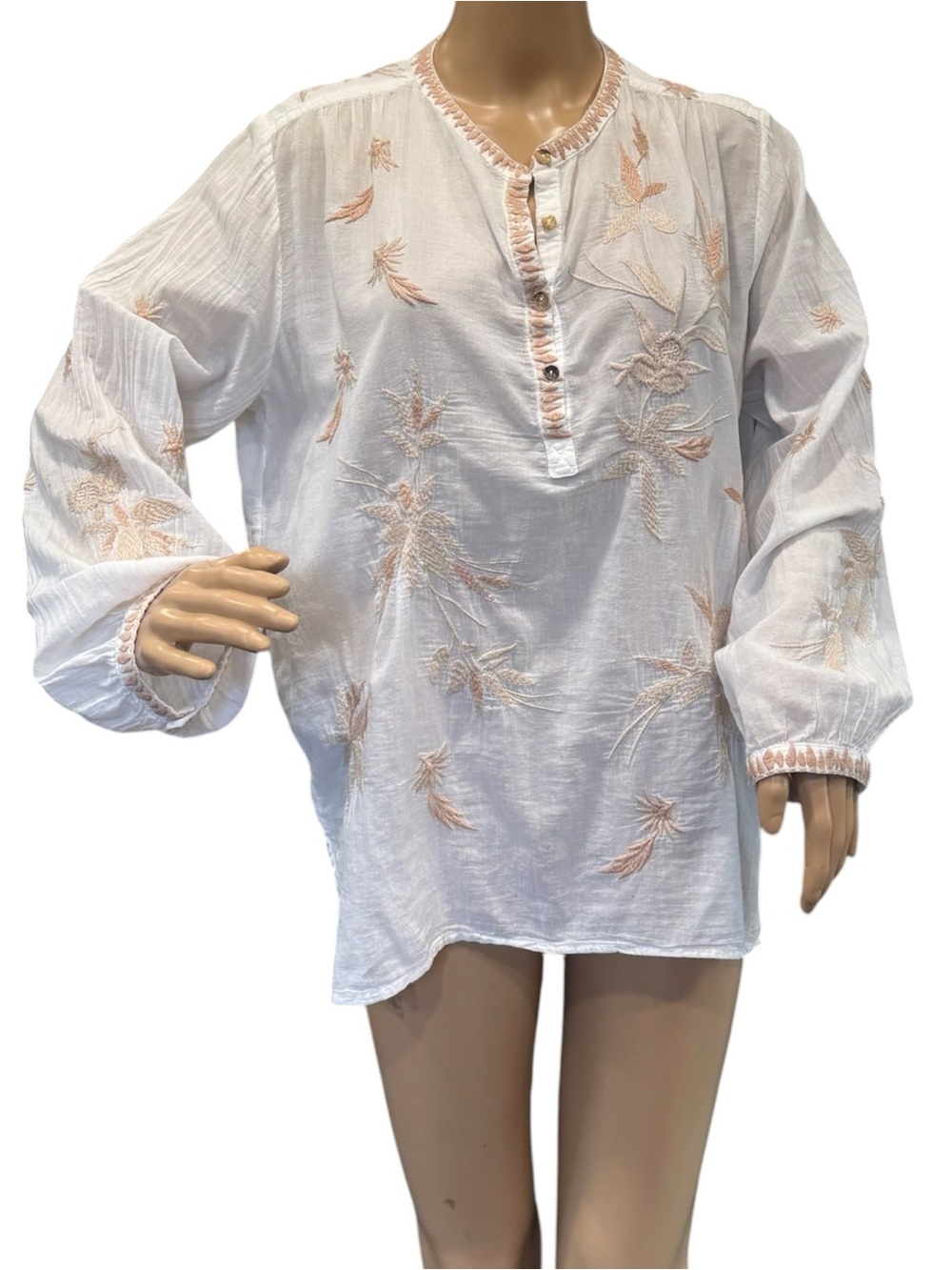 Johnny Was Size M Floral Embroidered Long-Sleeve Shirt Cotton Lightweight